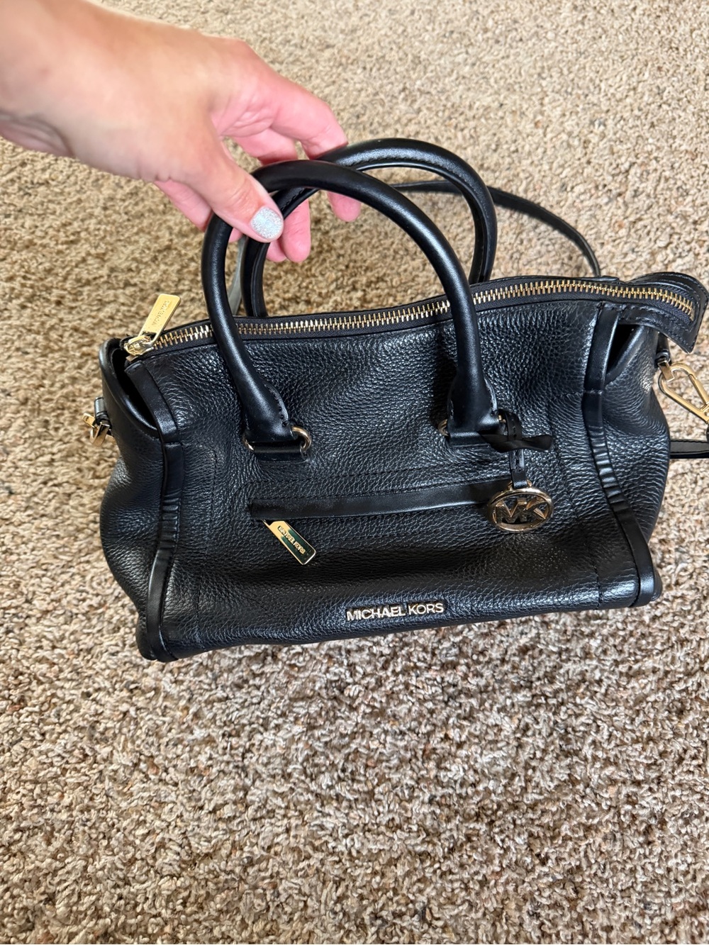 Michael Kors Black Pebbled Leather Satchel with Gold Hardware and Shoulder Strap - Picture 2 of 5